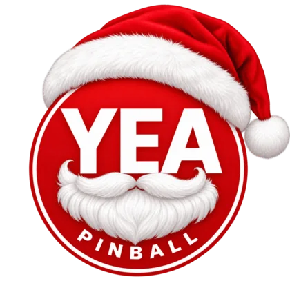 Röd YEA Pinball-logga med tomteluva och tomteskägg